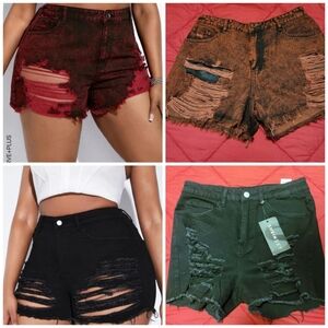 Distressed Denim Shorts - Red and Black